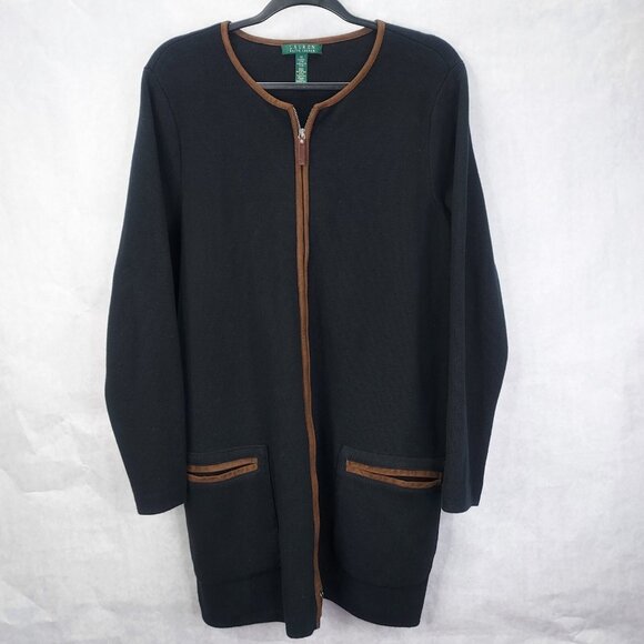 LRL Ralph Lauren Cardigan Women 1X Full Zip Cotton Sweater Black Knit Brown Trim - Picture 4 of 13